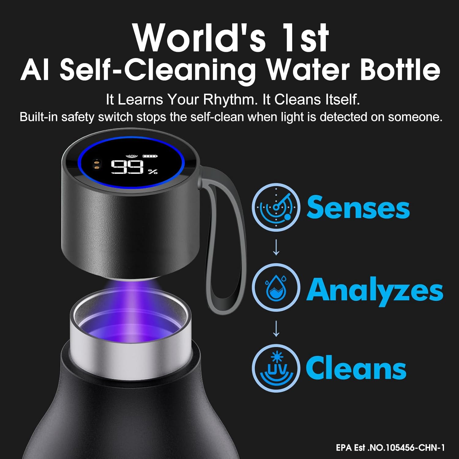VSITOO 33oz Smart Self Cleaning Water Bottle，Insulated Water Bottle with Stainless Steel, BPA-Free, AI Self-Clean, 30-Day Battery, Magnetic Charging for Travel, Gym or Office, Black