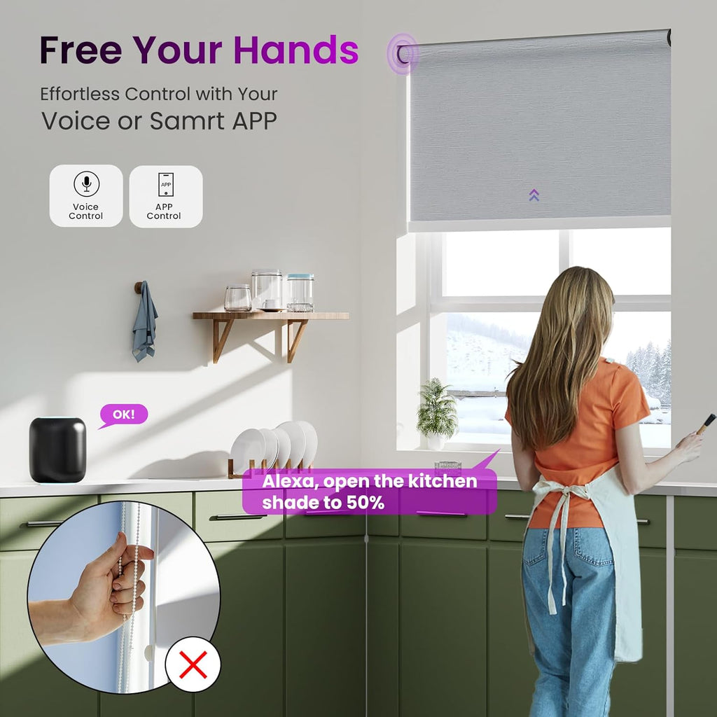Astomi Motorized Roller Shades for Windows, Blackout Automatic Blinds with Remote, Smart Blinds, Voice Control, Compatible with Alexa, Google, Custom Size (Jacquard PureWhite)