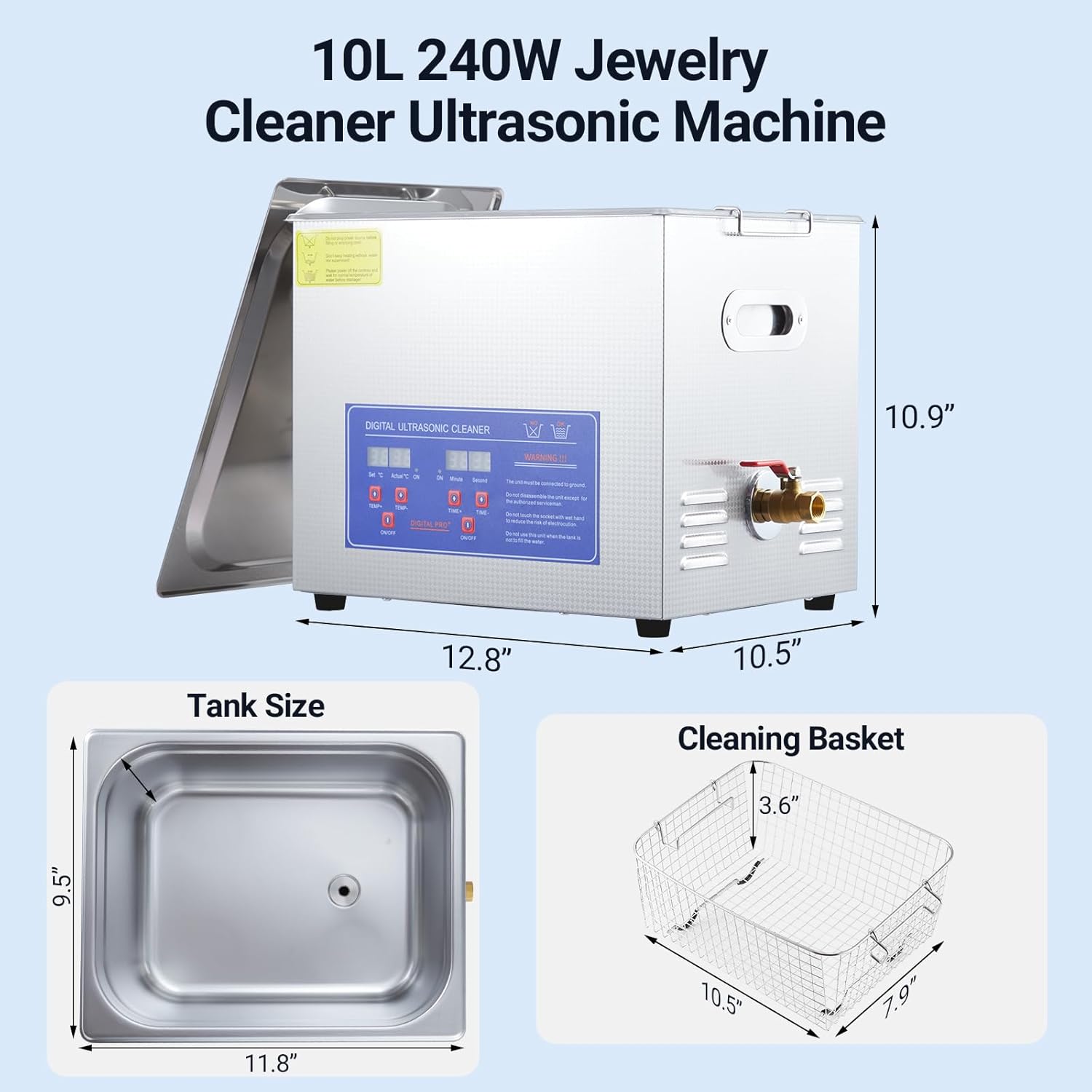 10L Professional Ultrasonic Cleaner Commercial | 40kHz with Digital Timer & Heater | for Jewelry, Watches, Eyeglasses & Small Parts Cleaning