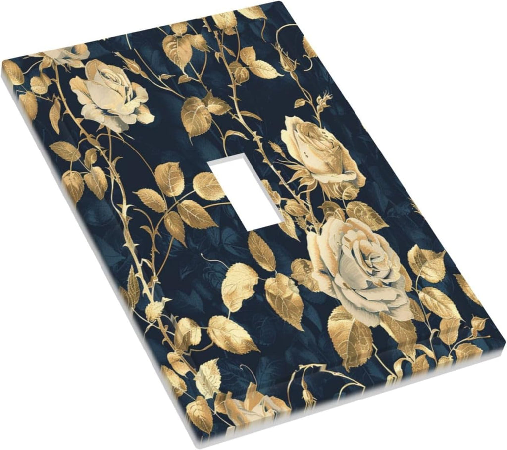 Decorative Light Switch Cover Boho Vintage Floral Golden Flower Dark Blue Background 1 Gang Single Toggle Device Electrical Faceplate Switchplates Decorator Outlet Wall Plate for Bedroom