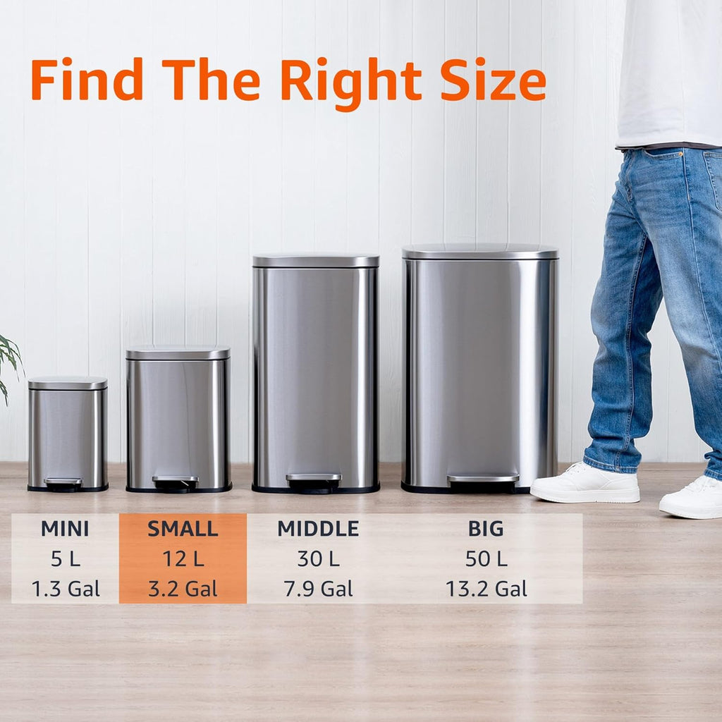 Amazon Basics Smudge Resistant Small Rectangular Trash Can With Soft-Close Foot Pedal, Brushed Stainless Steel, 12L/3.2 Gal, 11.3x9.9x15.1 in, Satin Nickel Finish