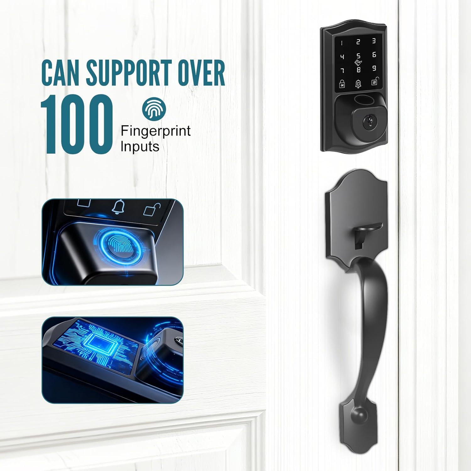 Smart Deadbolt Fingerprint Door Lock with Handle, App Control, Touchscreen Keypad Keyless Entry Door Lock Set with Doorbell, Voice Prompts, Auto Lock, 300+ User Capacity, Matte Black