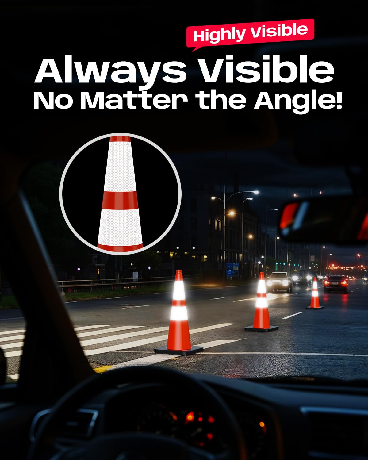 BATTIFE 28 Inch Traffic Cones with Black Weighted Base, PVC Orange Safety Cones for Traffic Control, Construction Events, Driveways, and Parking Lots (4 Pack)