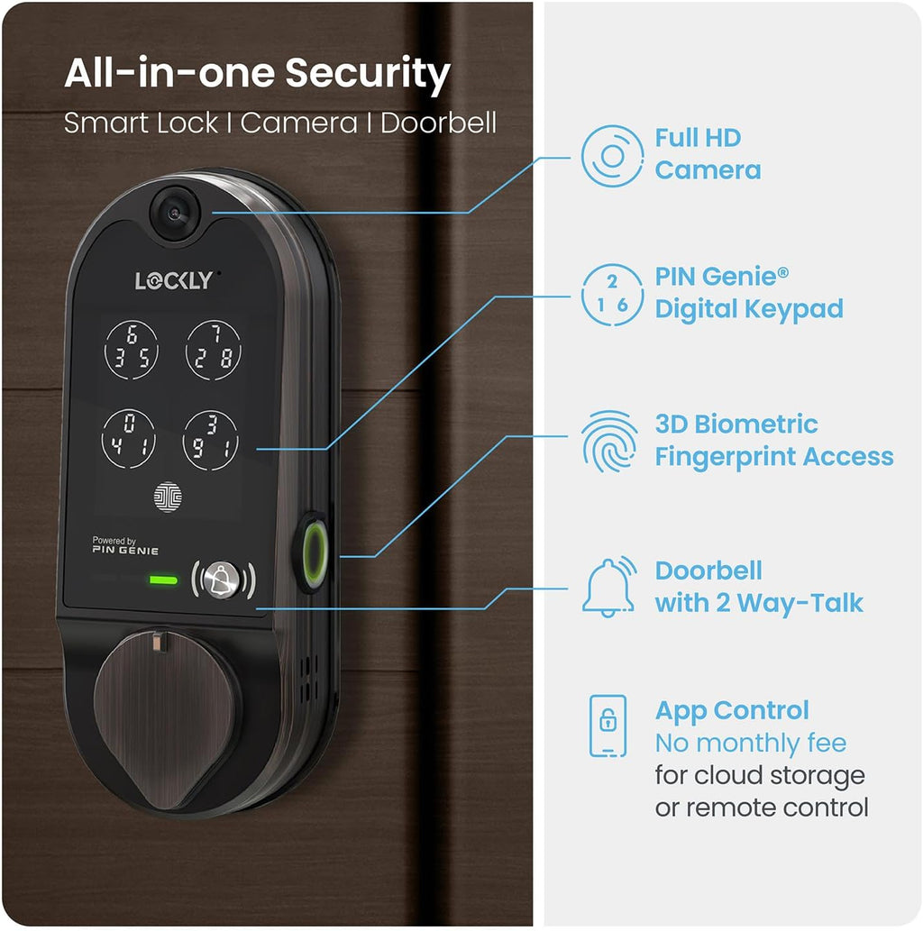 Lockly Vision Smart Lock, HD Video Doorbell Smart Locks for Front Door, Fingerprint Door Lock, Touchscreen Keypad, App Control, No Monthly Fee, Auto Lock - Venetian Bronze