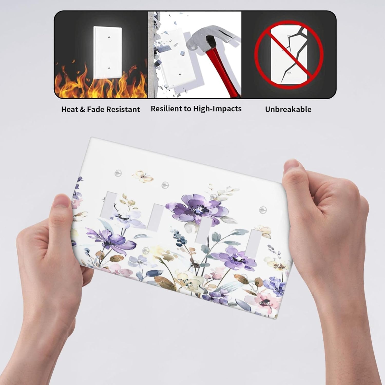 Light Switch Covers Purple Floral Lilac Watercolor Flower Leaves Butterfly Wildflower Quad Toggle 4 Gang Wall Plate Electrical Faceplate Decorative Switch Plates for Bedroom Home Decor