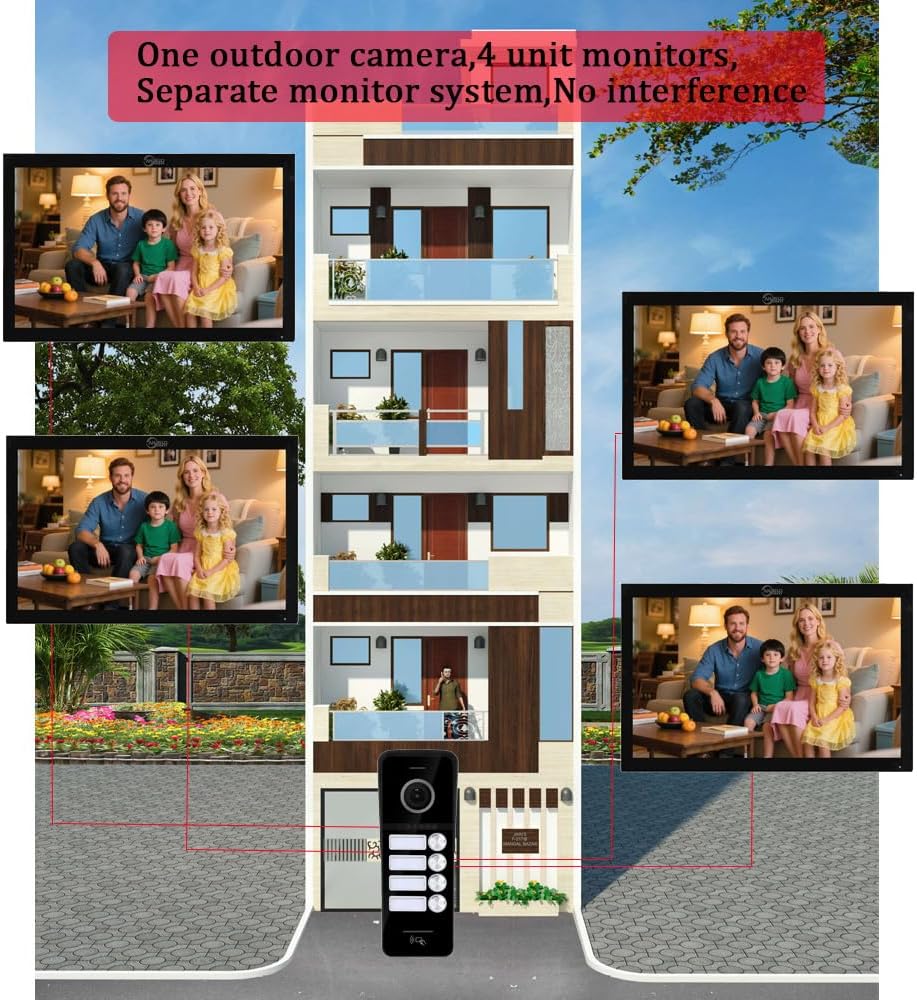 ANJIELO SMART Wired Video Doorbell Apartment Intercom System,4 Family Units 10 Inch Touch Monitor,3 in 1 Unlocking,Dual Way Intercom Motion Detection Tuya for Villa Home (1 Doorbell(b)+ 4 Monitor(b))