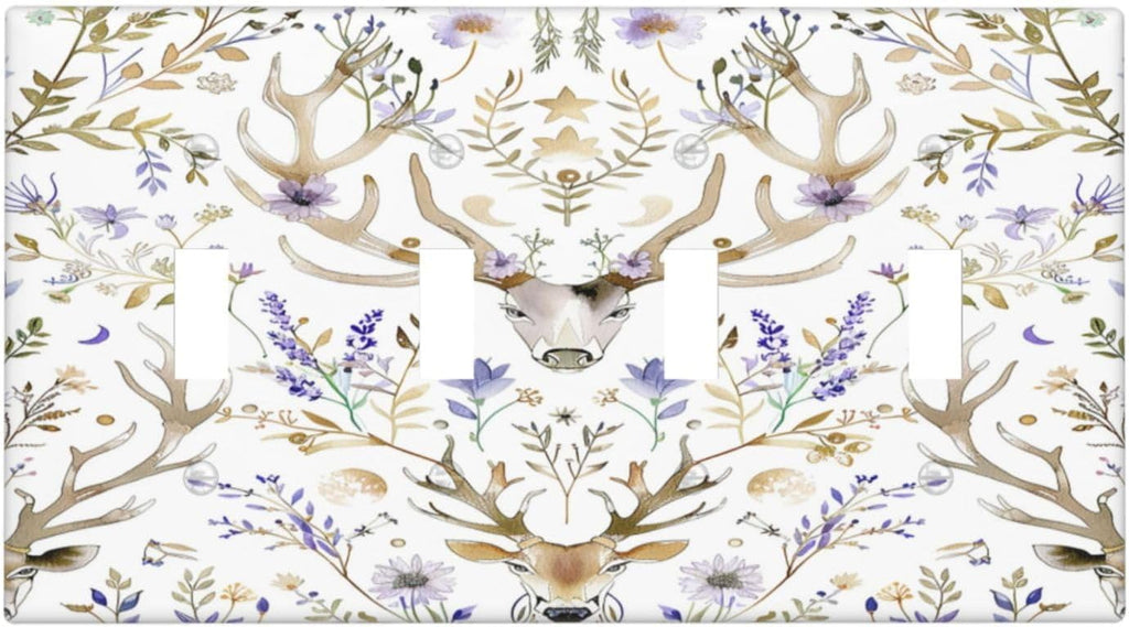 Light Switch Covers Gothic Retro Floral Damask Elk Wild Flower Quad Toggle Electrical Faceplate 4 Gang Wall Plate Decorative Switch Plates For Bed Room Living Room Decor