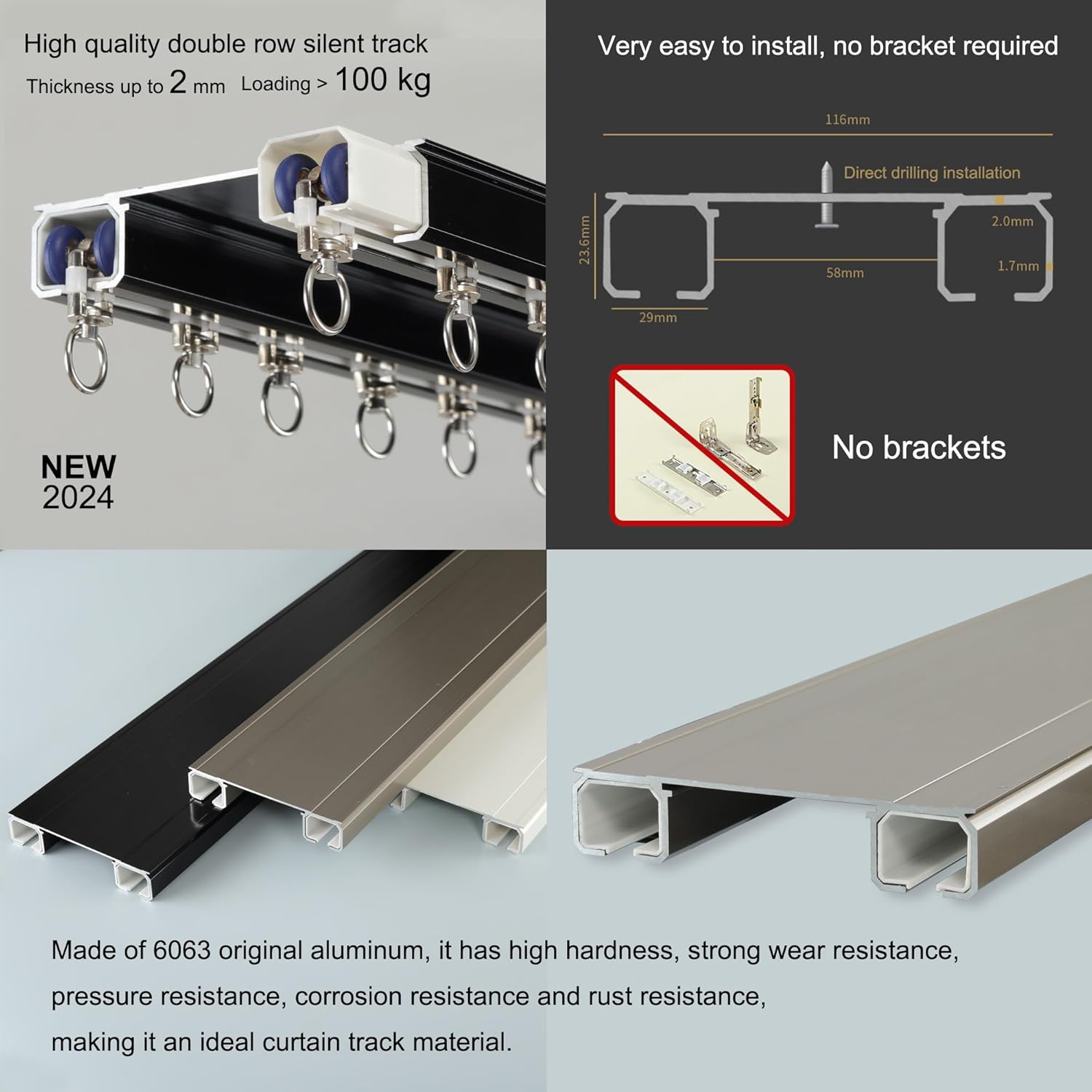 Double Row Ceiling Curtain Track - Double Rails for Curtains, Drapes, Room Dividers - Ceiling Mounted - Black, 3M