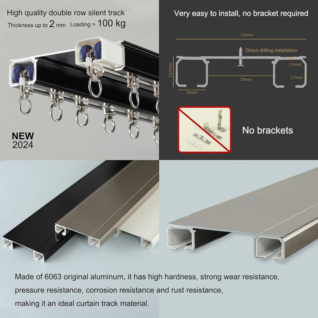 Double Row Ceiling Curtain Track - Ceiling Mounted Curtain Double Rails for Drapes, Room Dividers - Black, 4.5M
