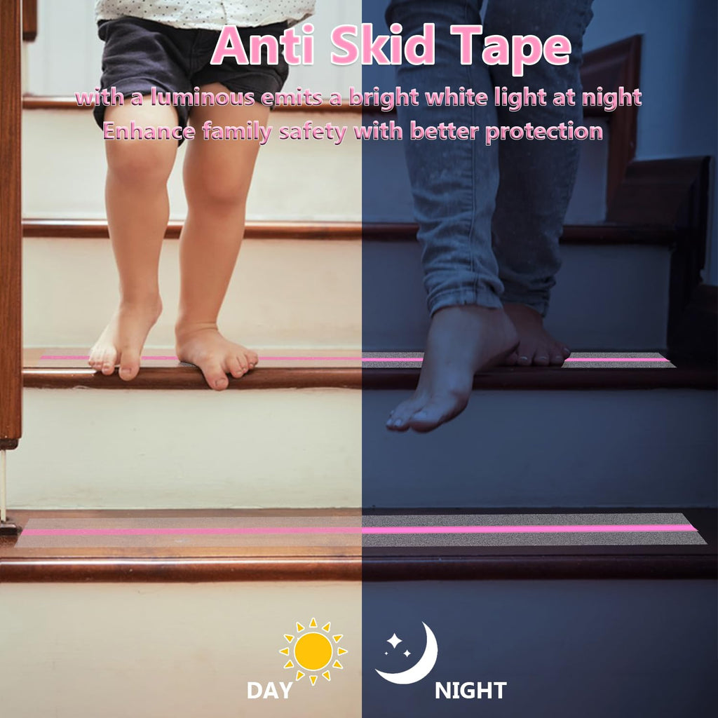 Anti Slip Tape, Clear Glow in The Dark Traction Grip Tape, 2 Inch x 32.8ft Waterproof Indoor/Outdoor, Non Slip Stair Treads Safety Tape(Clear with a line of Glow,Pink, 2" Width)