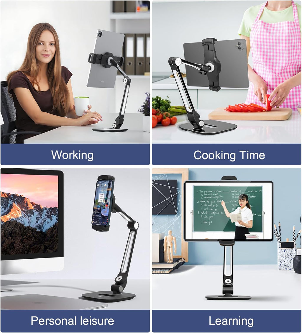 Tablet Stand Universal Holder for 4.9" - 12.9" Devices, 360° Rotating Security Stand for iPad, iPad Air, Samsung, Height Adjustable Foldable Table Top(Black)