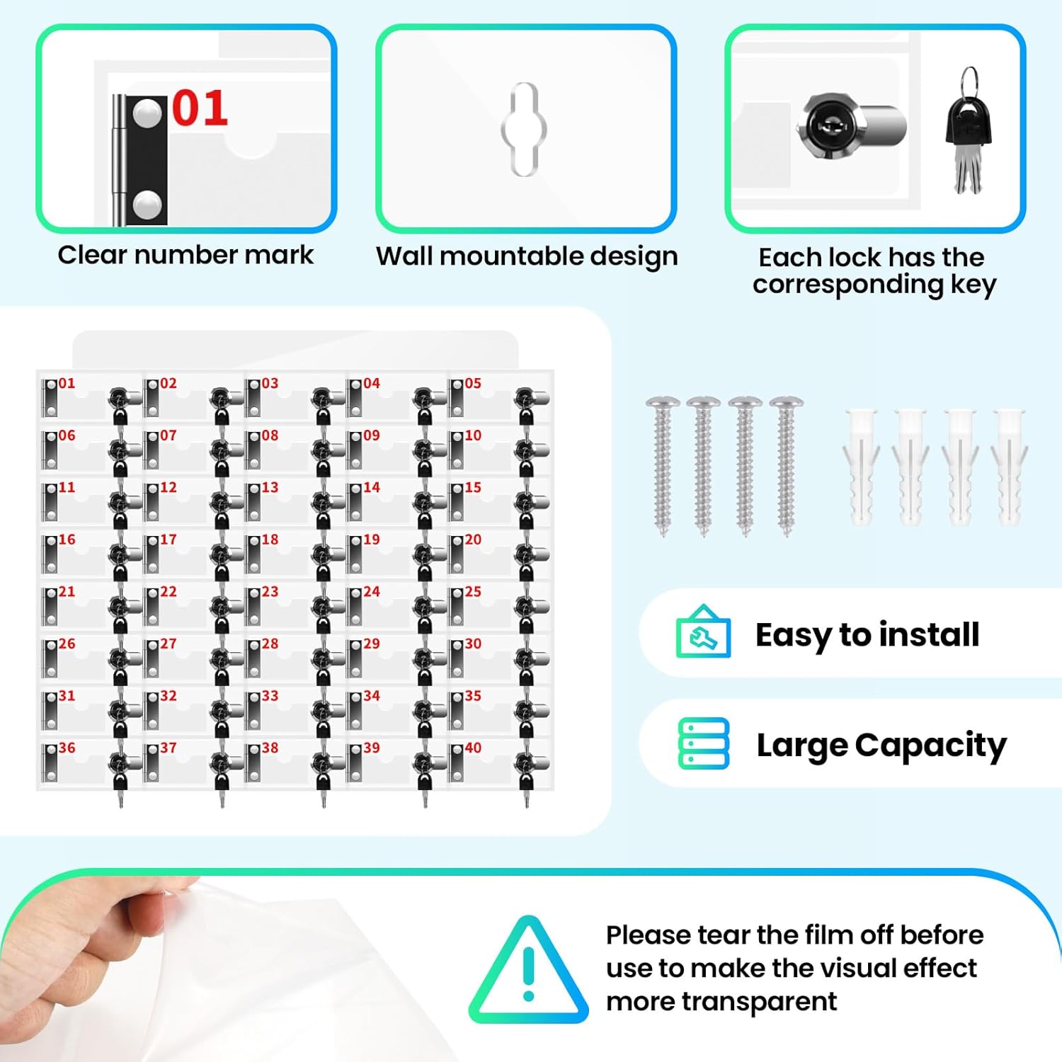 40 Slots Clear Acrylic Cell Phone Locker Box Wall-Mounted with Keys, Lockable Secure Storage Cabinet for Classroom Office Gym, Multi-Use Phone Lock Organizer for Employees Students (Small)