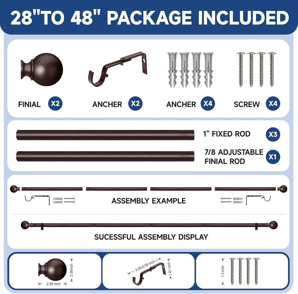 BRIOFOX Bronze Curtain Rods for Windows 28 to 48 Inch(2.3-4ft)- 1'' Diameter Heavy Duty Curtain Rods with Imitation Wood Grain Pattern Finials,Adjustable Decorative Curtain Rods Sets,28-48''