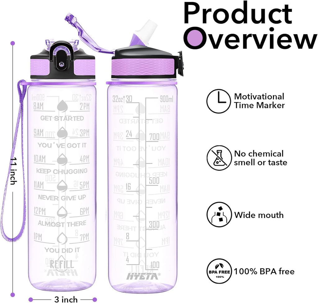 Hyeta 32 oz Water Bottles with Times to Drink and Straw, Motivational Water Bottle with Time Marker, Leakproof, Drinking Sports Water Bottle for Fitness, Gym and Outdoor