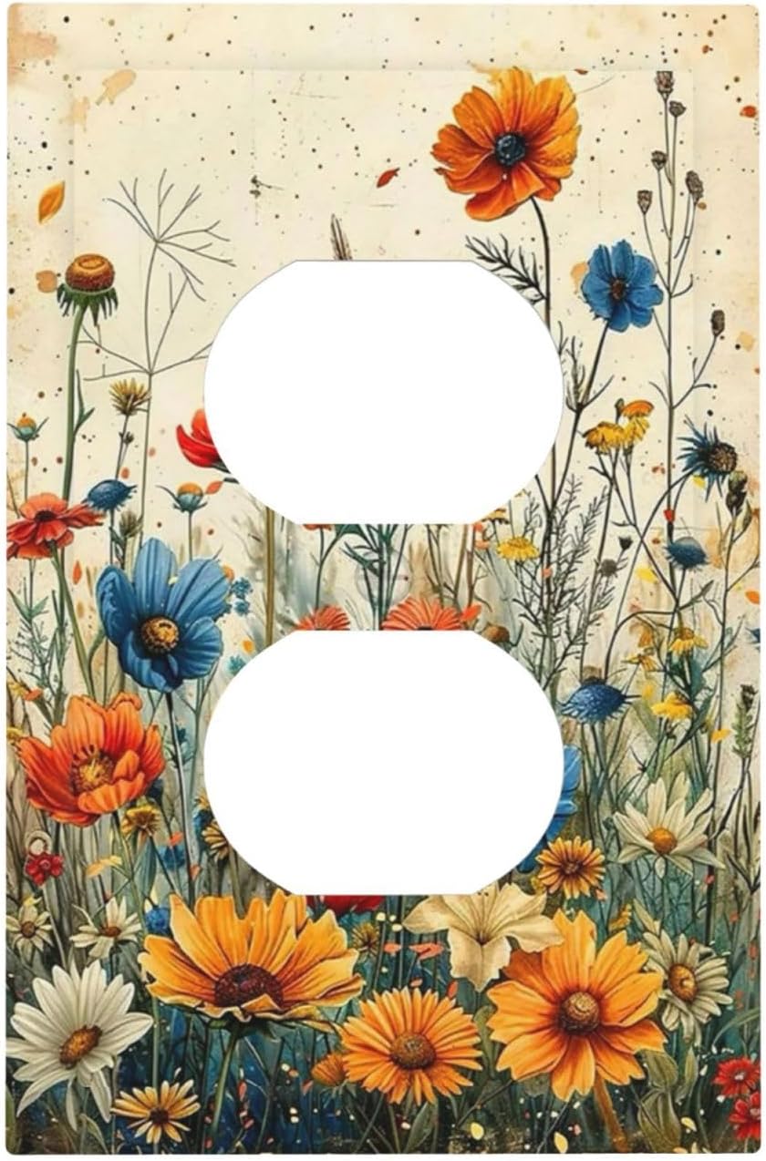 Outlet Covers Colorful Flowers Wildflowers Plants Orange Yellow Blue 1 Gang Duplex Light Switch Cover Plate Decorative Switch Plate Covers Electrical Socket Cover for Home Farmhouse Decor