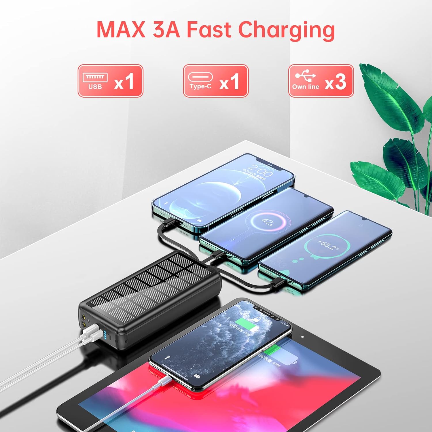 Portable Charger with Built in Cable and Wall Plug 50000mAh PD30W Fast Charging Solar Power Bank with 5 Output & 2 Input Dual LED Flashlights Phone Holder External Battery Pack (Black)