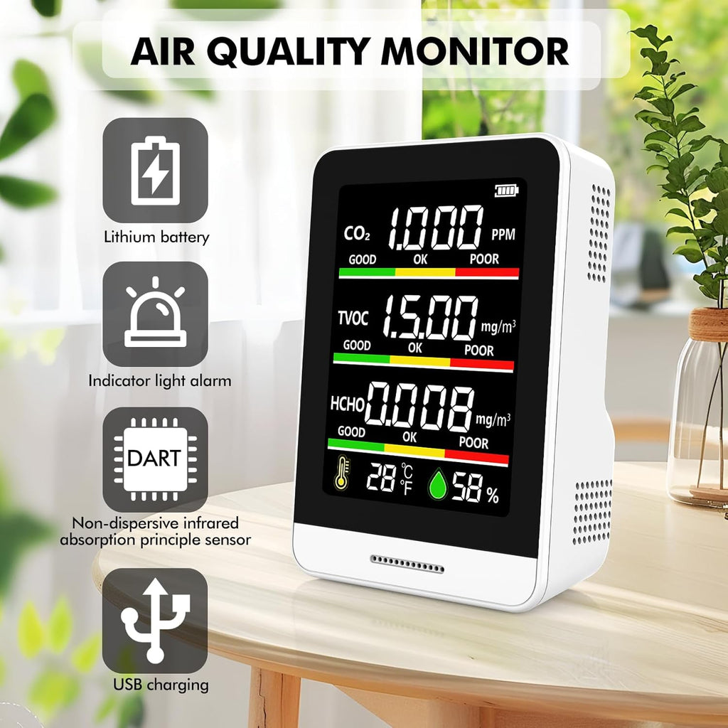 Air Quality Monitor Indoor,8-in-1 Smart Air Quality Tester with CO2, TVOC, HCHO, AQI, Temperature & Humidity, Real Time Display, Battery Powered, for Home & Office (White)