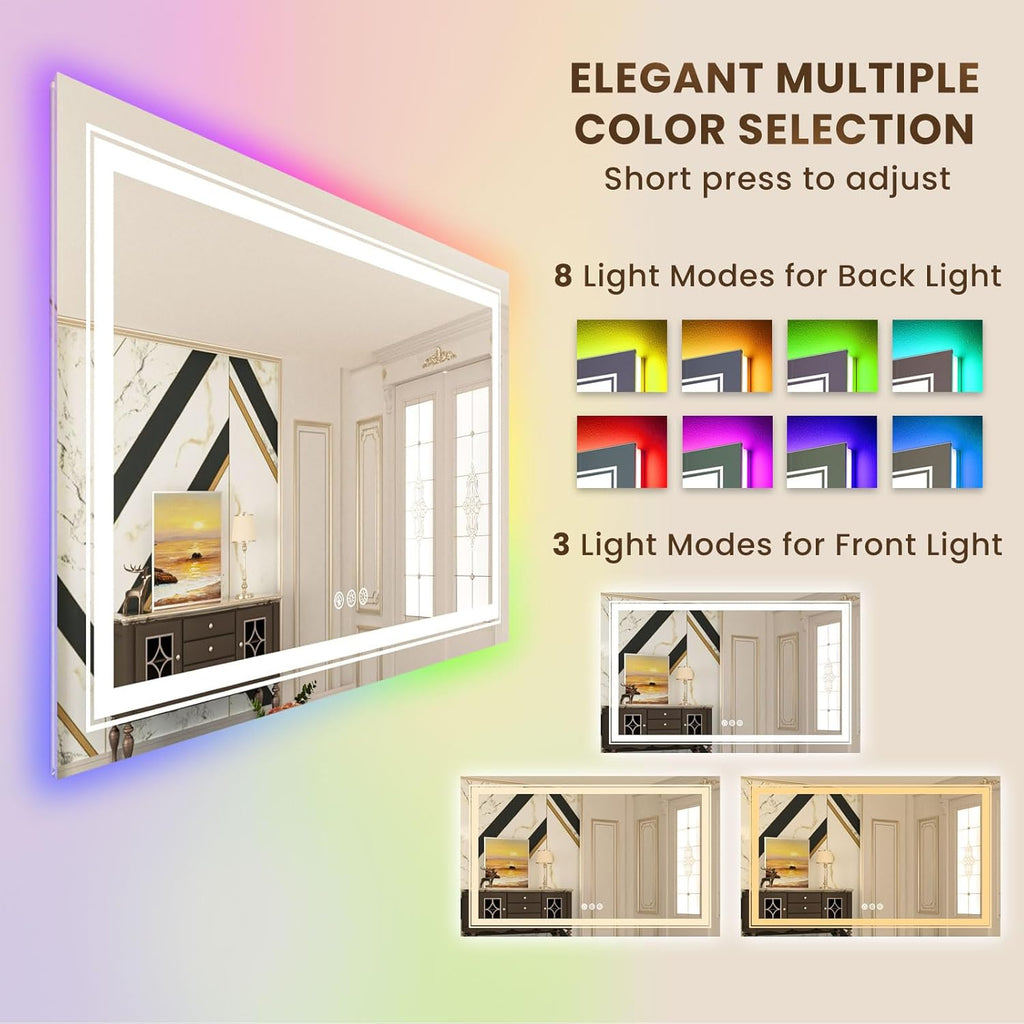 WTTY LED Bathroom Mirror 40"x30" with RGB Backlit and Front Light,Stepless Dimmable LED Mirror for Bathroom,Lighted Bathroom Vanity Mirror,Anti-Fog,Memory Function,Shatter-Proof,Wall Mounted