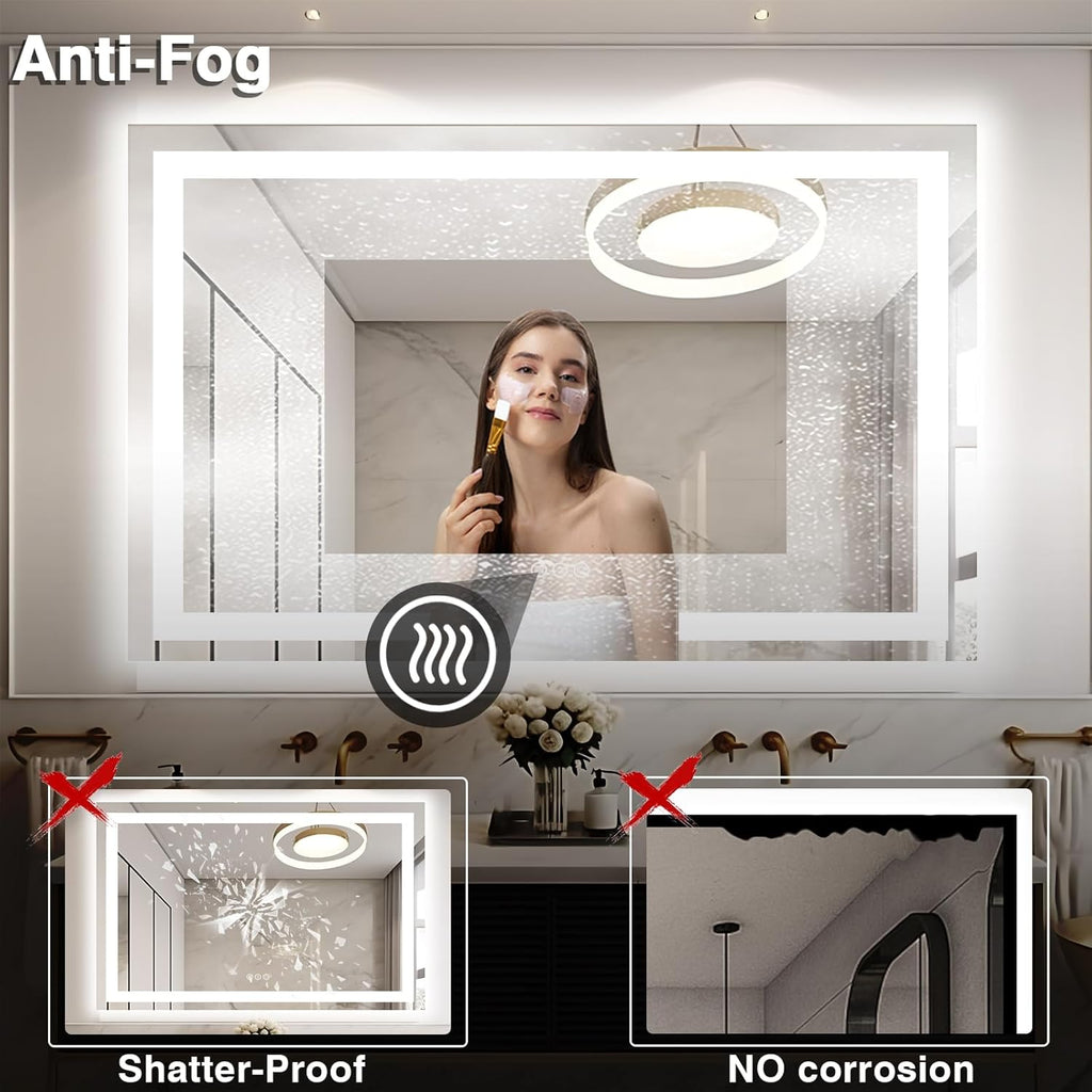 55"x40" Bathroom Mirror with LED Lights, Front and Backlit Mirror, Anti-Fog LED Vanity Mirror, 3 Colors and Dimmable Mirror, Waterproof, Corrosion Proof (Horizontal/Vertical)