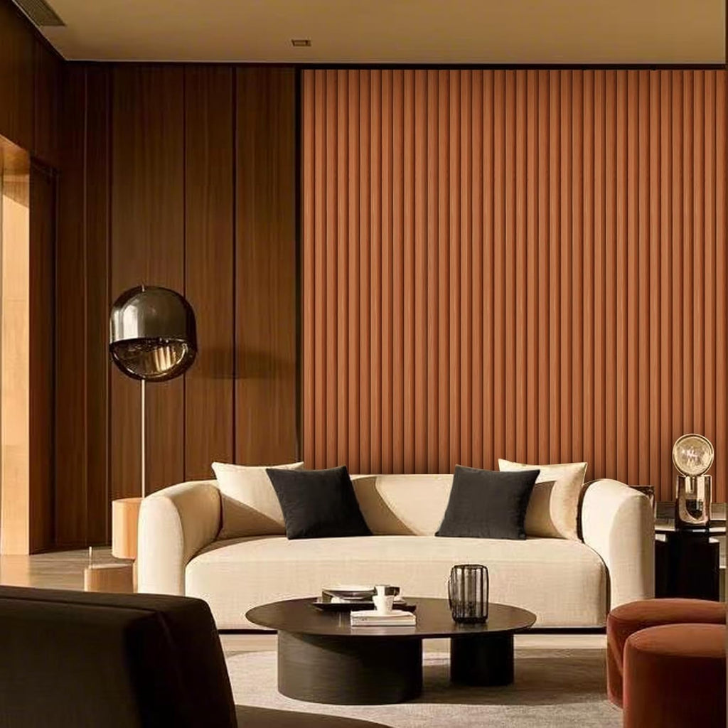 OUZUGIE WPC Acoustic Slat Wall Paneling, 8-Pack 114 x 6 Inches 3D Wall Panels for Interior Wall Decor,Living Room,TV Background,Study Room,Office Spaces,Bedroom,High Grille (Teak)
