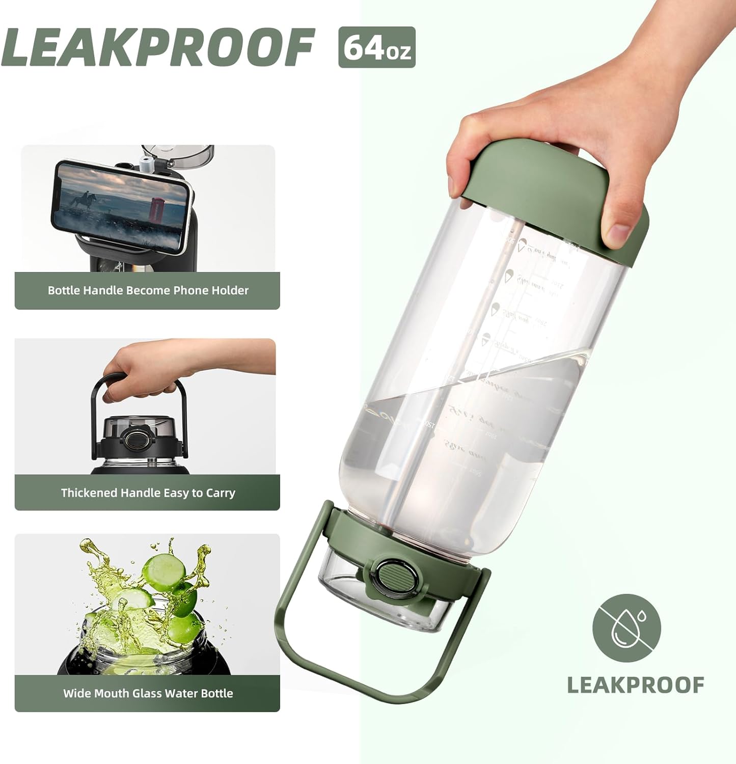 64oz Glass Water Bottle with Straw and Sleeve Half Gallon Motivational Water Bottle with Time Marke and Strap 2L Leakproof Borosilicate Reusable Water Jug for Gym Outdoors