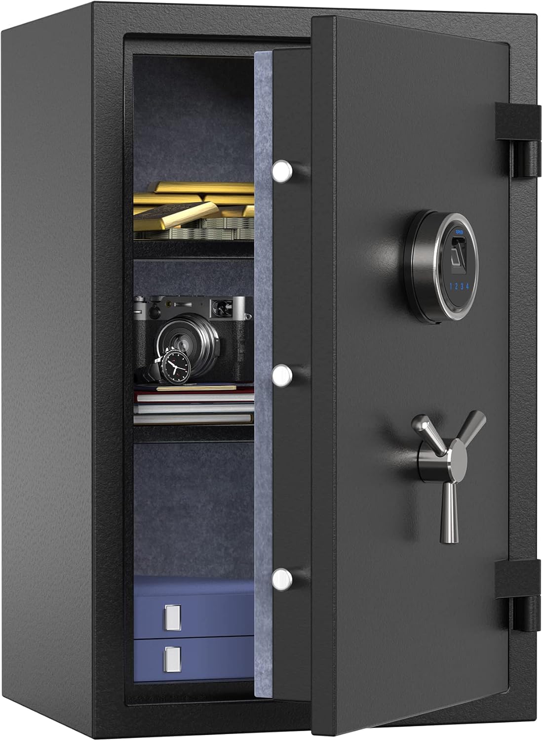 RPNB Biometric Fingerprint Fireproof Safe Box,Digital Fire Proof Safe with 3 Spoke Handle,Touch Screen and Removable Shelf,Fireproof Home Safes for Money Documents Jewelry and More,2.12 Cubic Feet