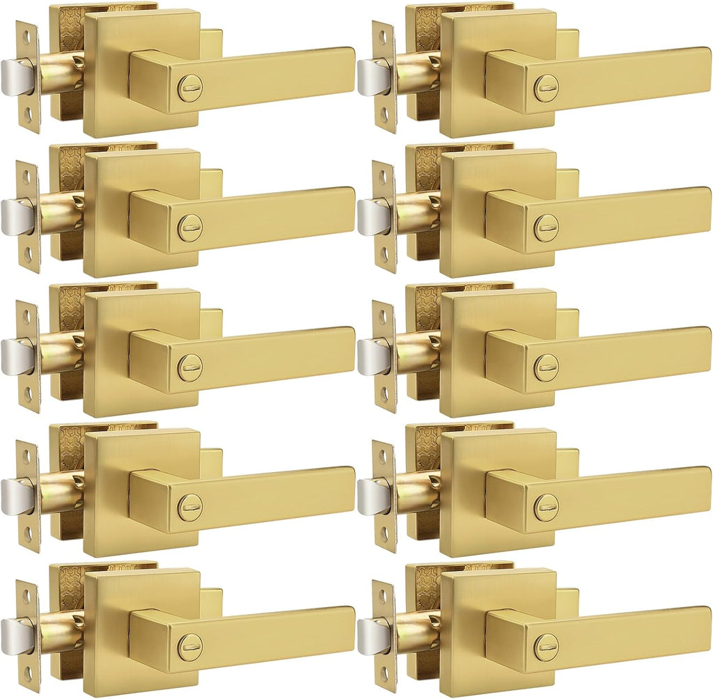 Probrico Interior Flat Square Gold Privacy Door Handle, Heavy Duty Keyless Interior Door Lever for Bed & Bath(10 Pack)