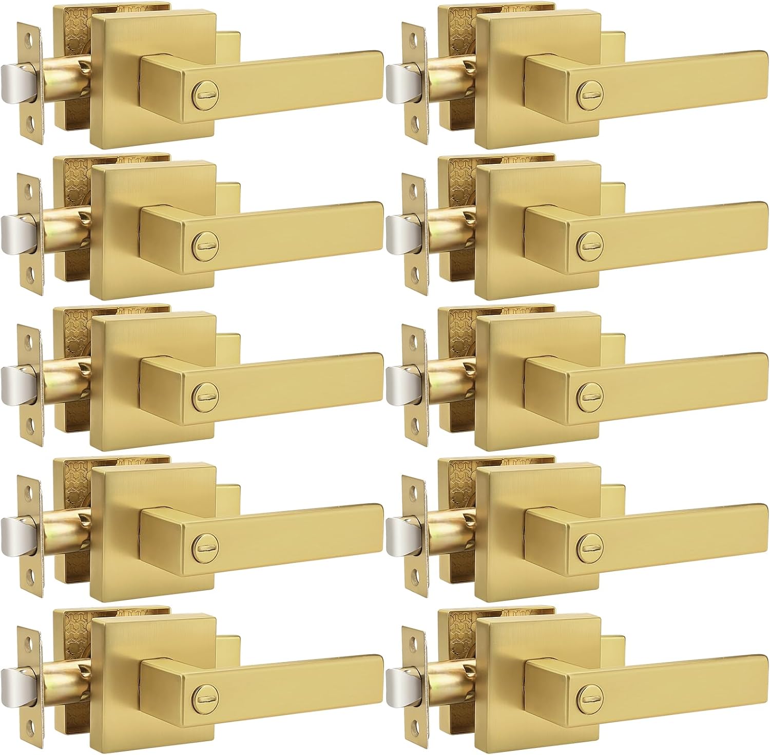 Probrico Interior Flat Square Gold Privacy Door Handle, Heavy Duty Keyless Interior Door Lever for Bed & Bath(10 Pack)