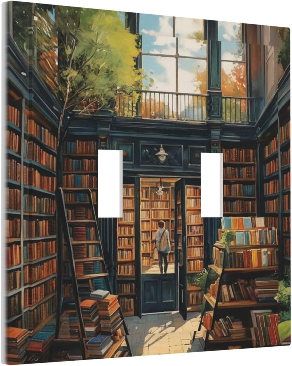 Library With A Lot Of Books Light Switch Covers Double Toggle 2 Gang Wall Plate Dual Decorative Switchplate Electrical Faceplate for Farmhouse Decor