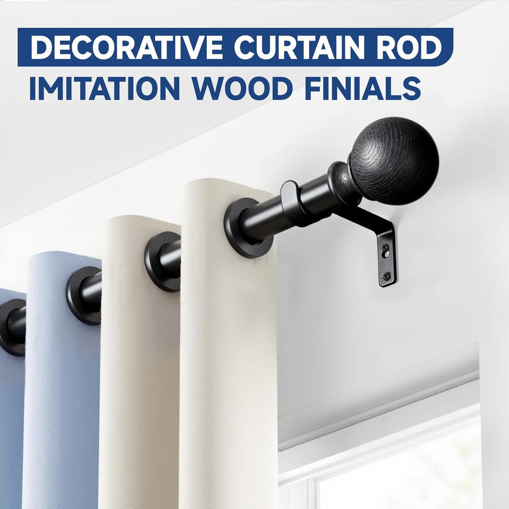 BRIOFOX Black Curtain Rods for Windows 66 to 120 Inch(5.5-10ft) - 1'' Diameter Heavy Duty Curtain Rods with Imitation Wood Grain Pattern Finials,Adjustable Decorative Curtain Rods Set,28-120''
