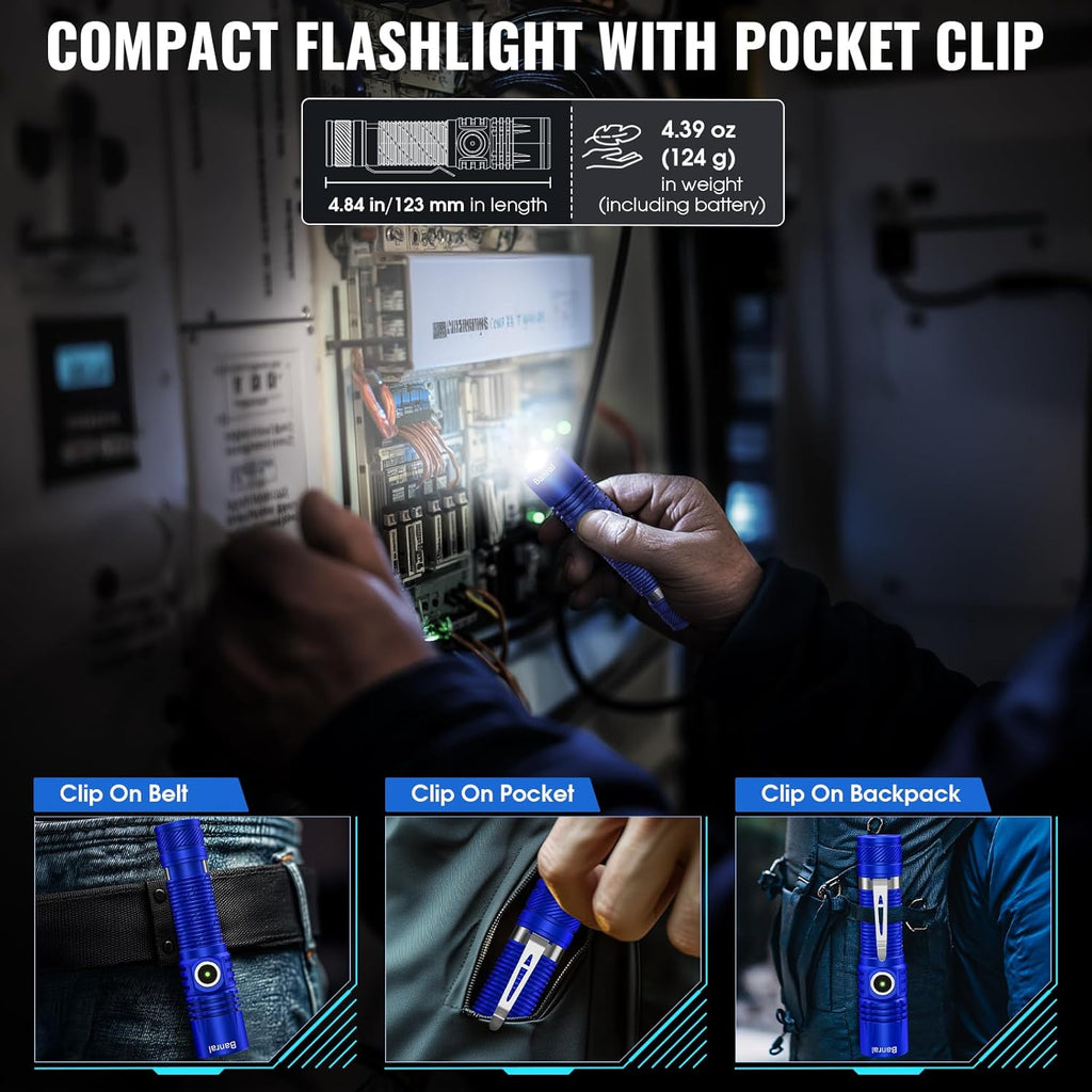 Banral Rechargeable Tactical Flashlights, High Lumens Small Mini USB-C LED Flashlight, Compact EDC Flash Light, 4 Modes&Memory Function, Waterproof Pocket Lights for Home,Camping,Emergency (2, Blue)