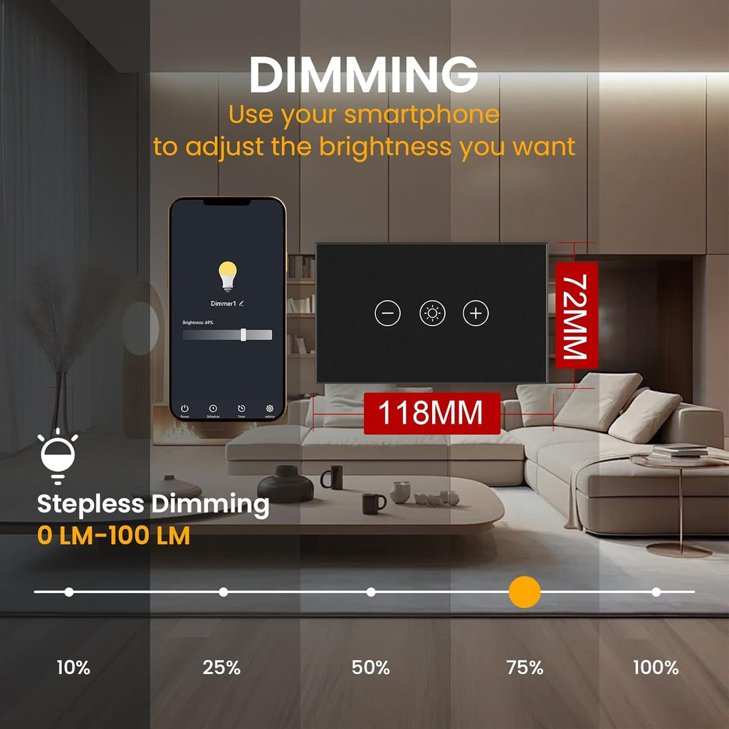 Smart Dimmer Switch Neutral Wire Required, 2.4GHz WiFi Dimmer Light Switch with Remote Voice Control, Tempered Glass Panel, Compatible with Alexa and Google Home, Black WiFi Dimmer