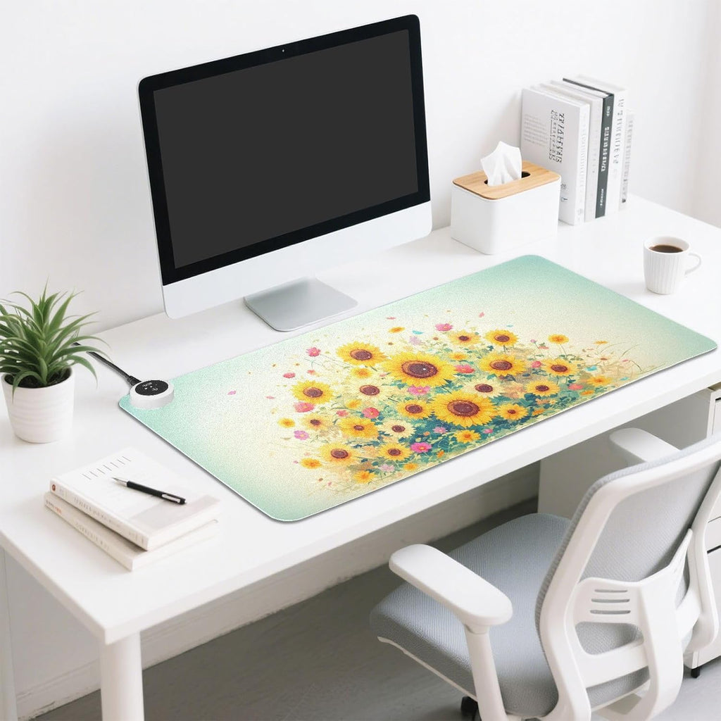 Large Heated Mouse Pad,Leather Desk Mat,31.5"x13",Hand Warmer Pads for Desk,Sunflower(Yellow)
