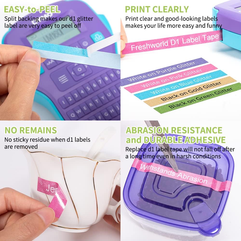 Freshworld 5-Pack Compatible with DYMO D1 Colorpop Label Tape 12mm 0.47" D1 Label Tape Refill, Replace COLORPOP Label Maker LabelManager 160 280 360D 420P PnP, White, Purple/Pink/Green/Gold Glitter