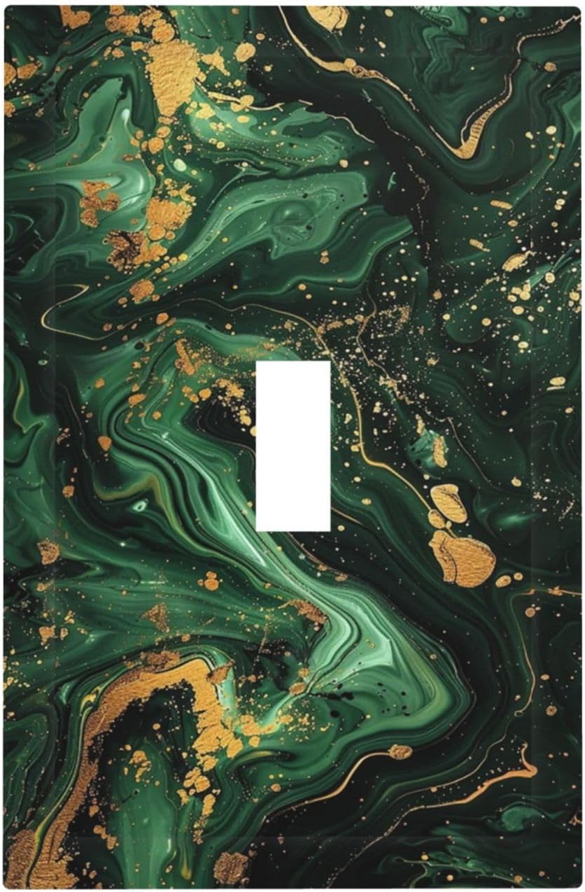 Green/Gold Modern Abstract Luxury Marble Single Toggle Light Switch Cover plate Outlet Cover Decorative Switchplate Wall Plates Electrical Panel Cover for Bathroom Living Room 5 X 3 IN