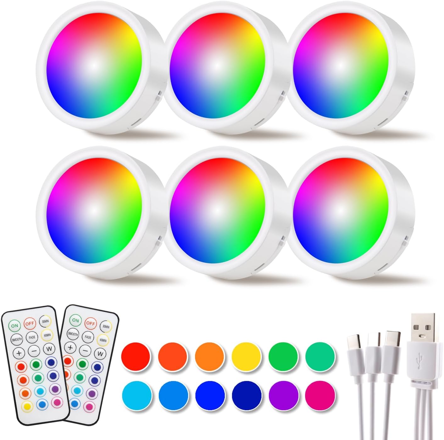 DAMI Under Cabinet Lighting with Remote Control, Rechargeable Battery Operated Wireless Shelf Lights, Under Cabinet Lights Stick on Tap, Color Changing Puck Lights for Kitchen, 6 Pack, White