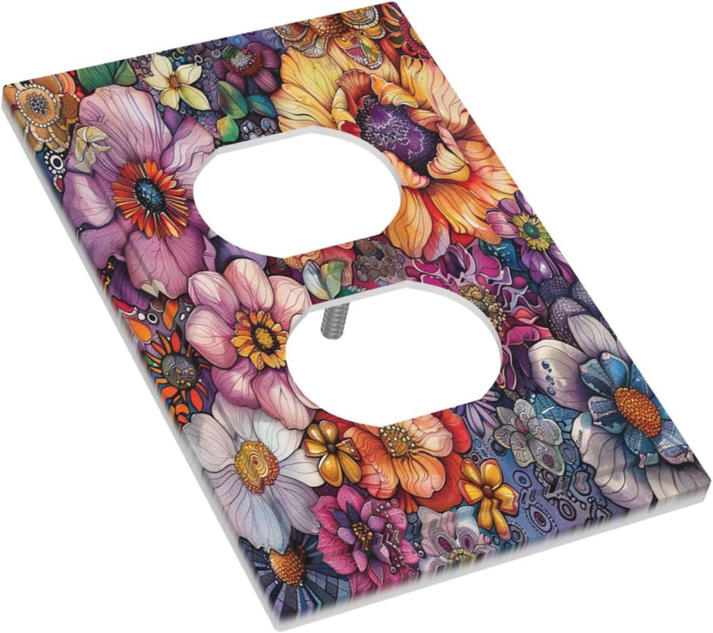 Outlet Covers Colorful Bohemian Flowers Vintage Boho Floral 1 Gang Duplex Light Switch Cover Decorative Switch Plates Electrical Receptacle Faceplate Wall Plate for Bed Room Decor