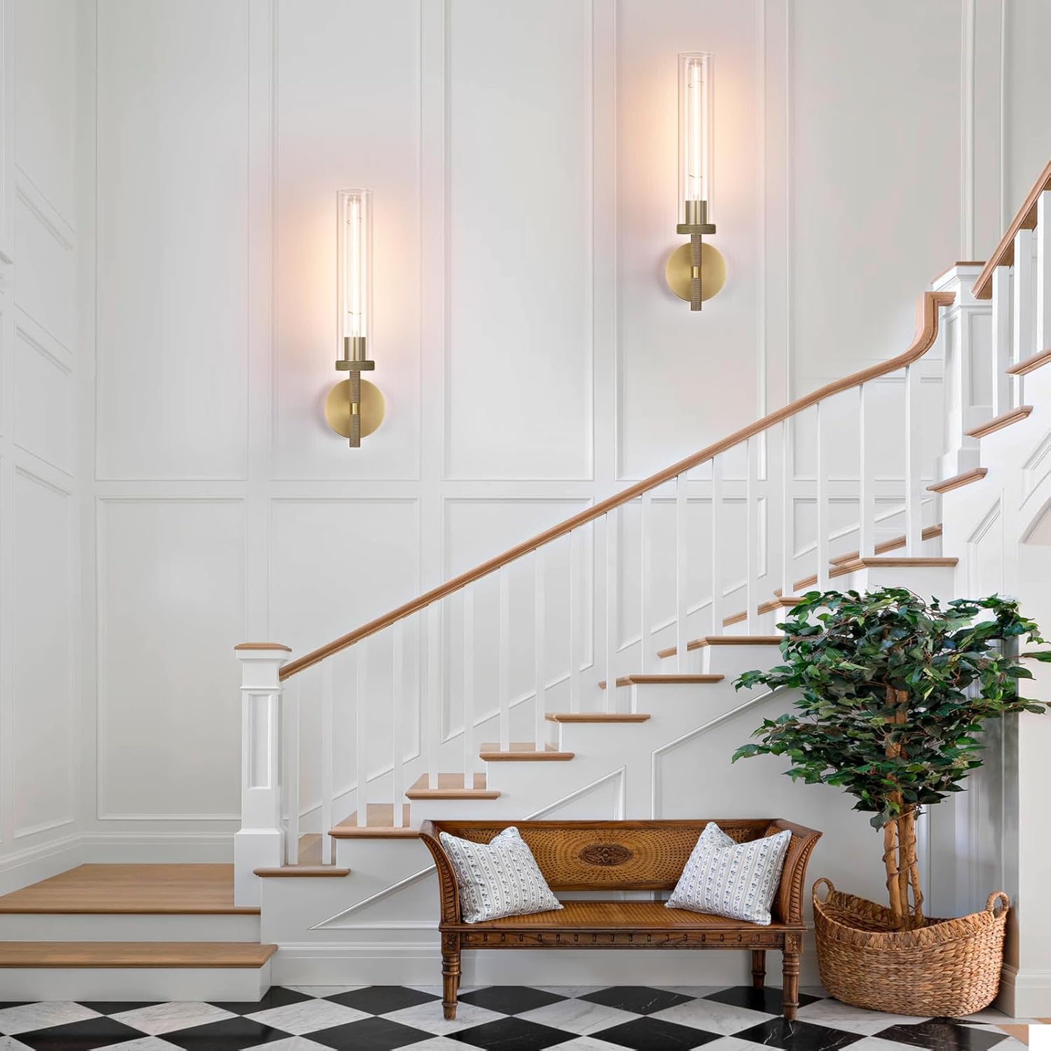 Modern Brass Hardwired Wall Sconces 2 Pack, 21'' Knurled Bathroom Wall Sconce, Indoor Wall Sconce,Copper and Tube Glass Vanity Light, for Living, Bedroom, Hallway, Staircases, Include Bulbs