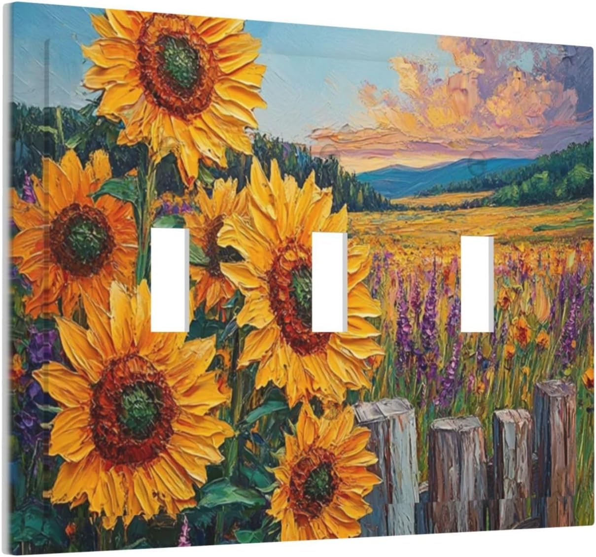 Decorative Light Switch Cover Plate Rustic Wilderness Sunflower Lavender Muzha Oil Painting 3 Gang Wall Plate Oversized Triple Toggle Switch Cover Plate Jumbo Faceplate