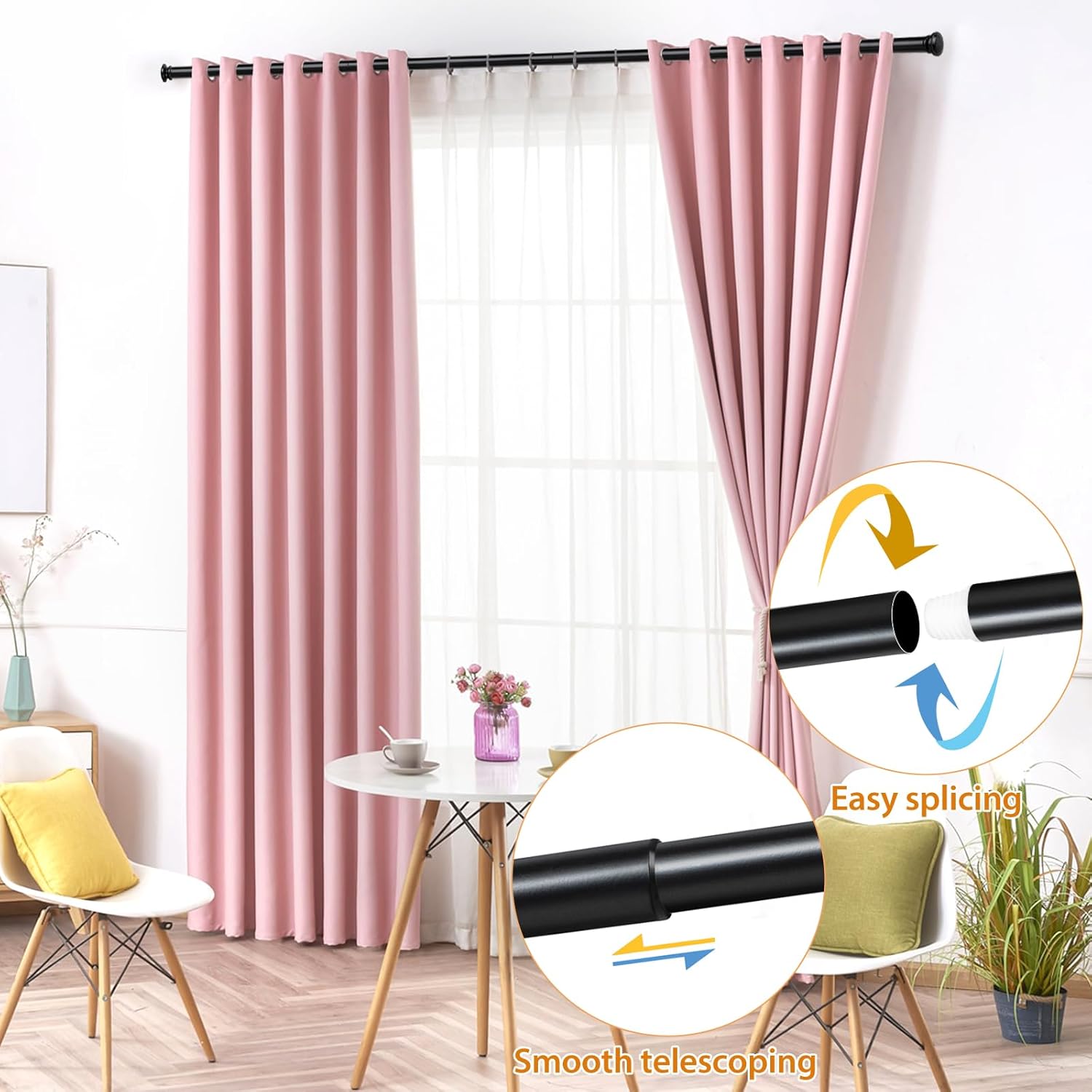 TONIAL Curtain Rods for Windows 66 to 120 Inch, Telescoping Splicing 3/4 Single Rods for Windows Decorative Drapery Rod 32 to 144 (2.6-12ft) with Small Finial, Black