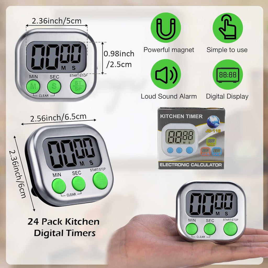 Leumoi 24 Pcs Digital Kitchen Timers Magnetic Back Timers Bulk Large Screen Loud Alarm On/Off Switch Minute Second Count up Countdown Memory Setting for Cooking Classroom Exercise (Sliver and Green)