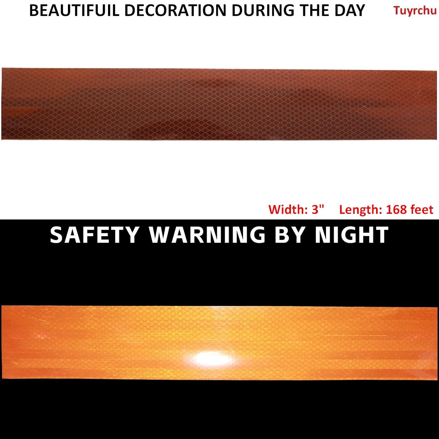Non Fading Brown Reflective Tape Outdoor Waterproof 3 inch Wide, High Visibility Warning Industrial Marking Tape, Safety Stickers (168 feet)