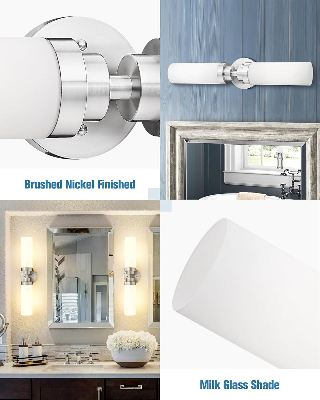 Emak Modern Brushed Nickel Bathroom Light Fixtures, 2-Light Vanity Lights for Mirror, 22 Inch Indoor Wall Sconces with Milk Glass Shade for Bathroom, Bedroom, Hallway, VL085-BN-ML-2