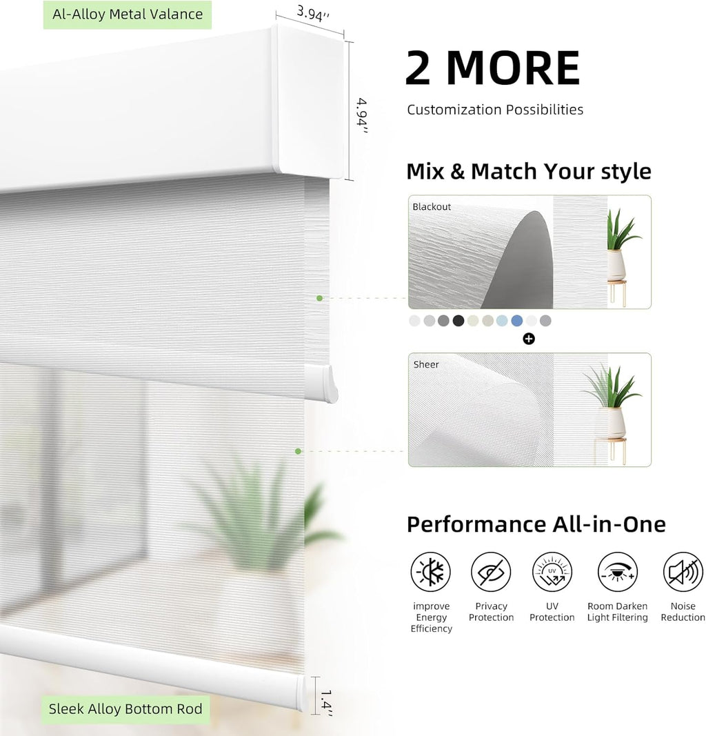 ZSTARR Motorized Day and Night Dual Smart Blind for Window with Valance Rechargeable Motor,Blackout Roller Shade Custom Size,with Valance Suitable for Home,Office (Full Blackout White)