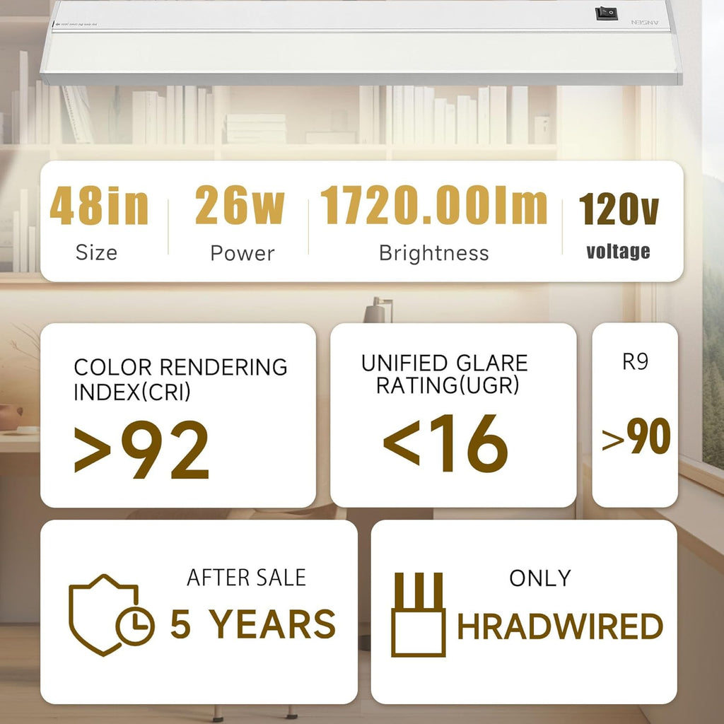 Ansen Hardwired Under Cabinet Lighting, 48in 26W LED Light for Kitchen/Closet, 1720lm, CRI>92, R9>90, Dimmable, 3 Color Temperature, 3000K/4000K/5000K(Warm White, Cool White, Daylight)