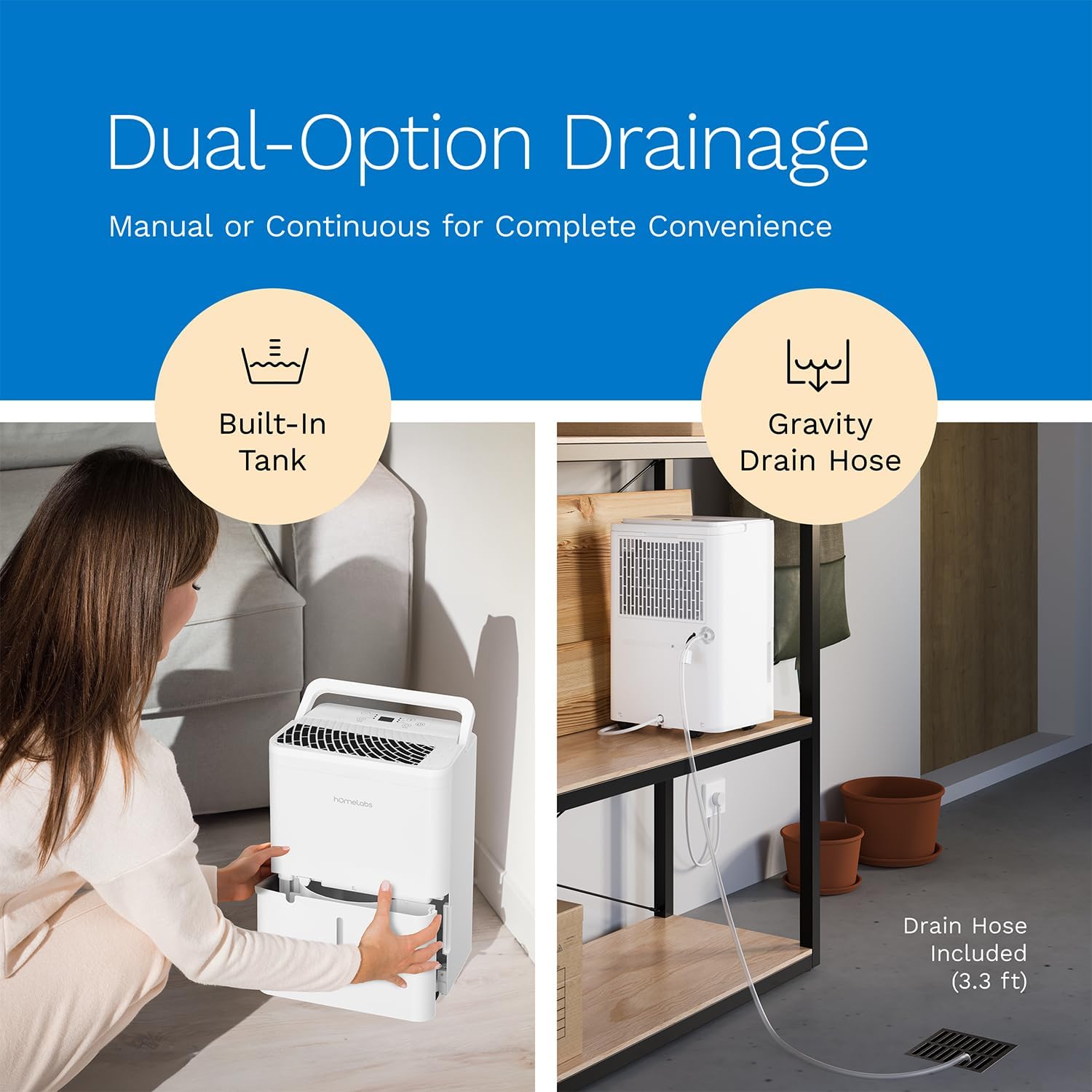 hOmeLabs Dehumidifier - Advanced Humidity & Moisture Control, Quiet, Efficient, Auto Shut-off, Ideal for Home, Basement, Office - 1,800 Sq Ft Wi-Fi (8 Pint MAX 24 Pint at 95°F, 90% RH)