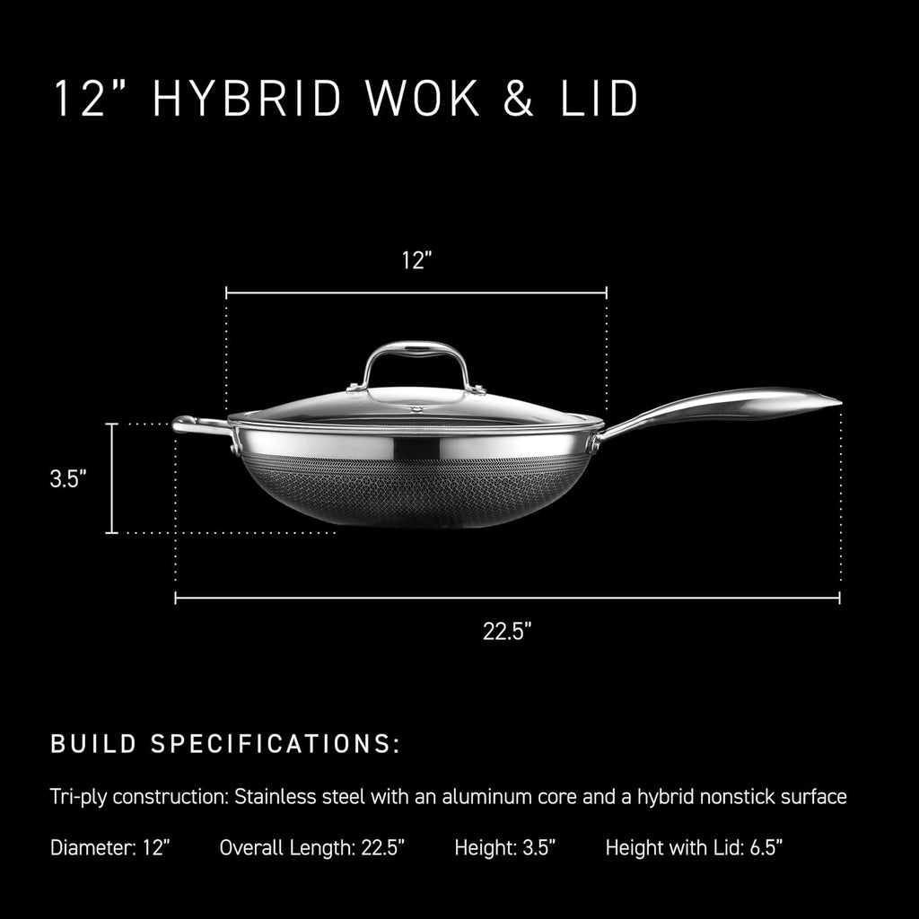 HexClad Hybrid Nonstick 12-Inch Wok with Stainless Steel Lid, Stay-Cool Handle, Dishwasher-Friendly, Oven-Safe Up to 900°F, Induction Ready, Compatible with All Cooktops