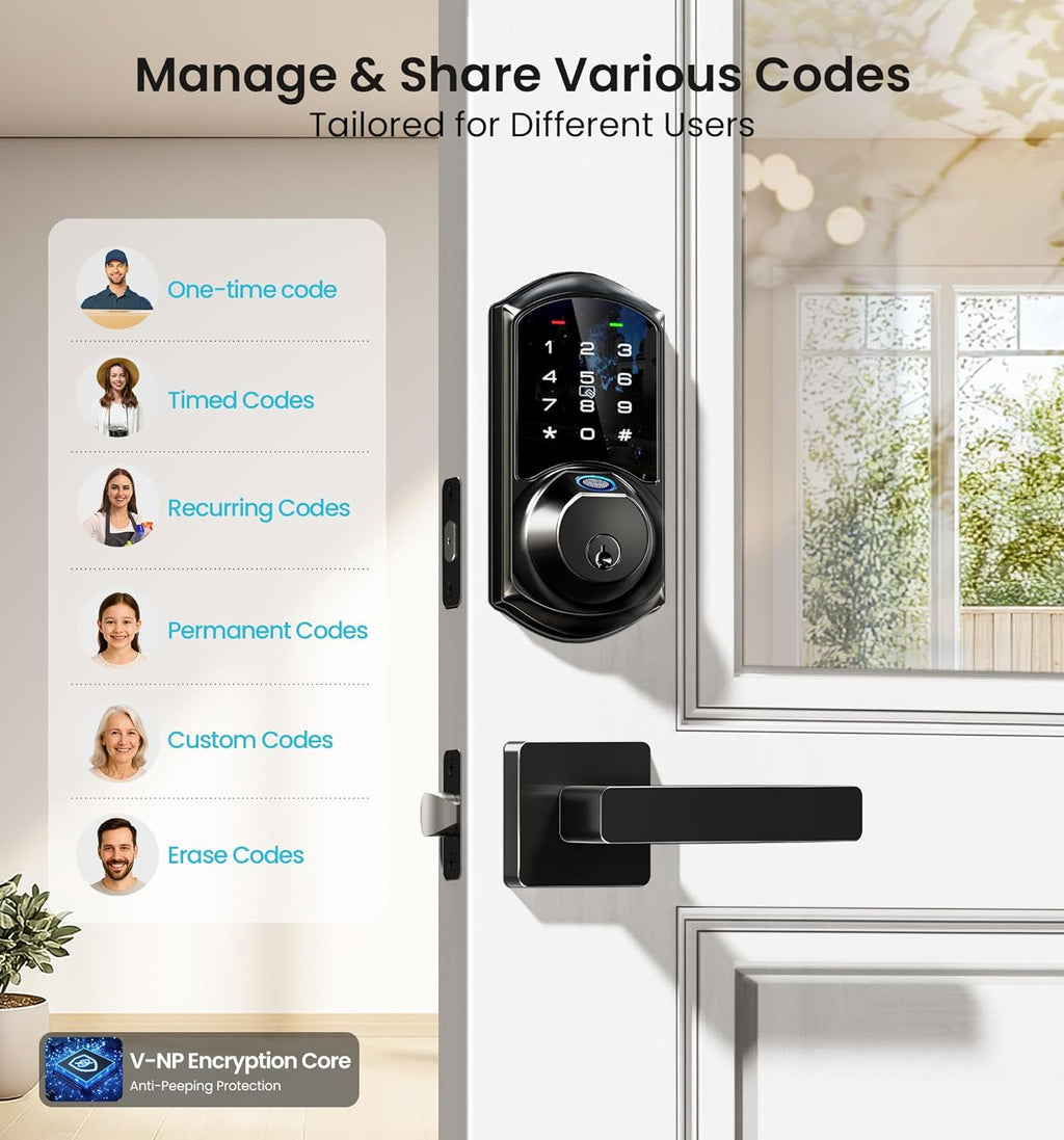 Veise VE07-L Fingerprint Smart Locks for Front Door with Zinc Alloy Handle Set, App Control, Keyless Entry, Electronic Digital Keypad Deadbolt, Auto Lock, Waterproof, Easy to Install, Matte Black
