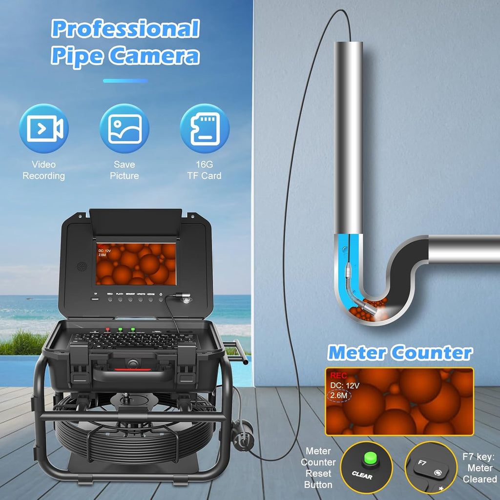Sanyipace Sewer Camera 165FT/50M with 512Hz Transmitter, Self-Leveling, Distance Counter, Plumbing Inspection Camera with Microphone Speaker Audio Video Record, 16GB TF Card, Pipe Pulley (7mm Cable)