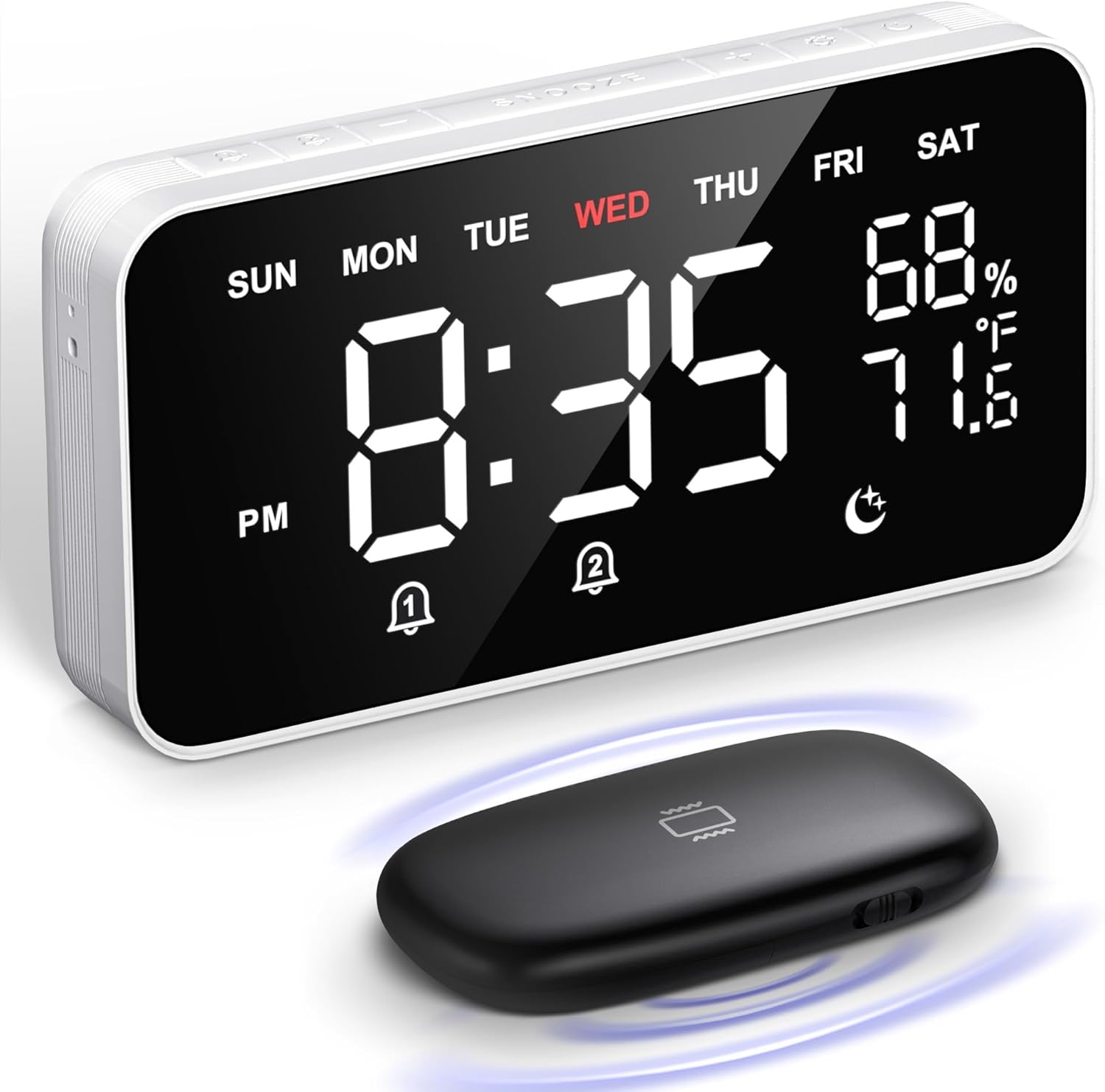 Dekala Bed Shaker Loud Alarm Clock for Heavy Sleepers Adults, Vibrating Dual Alarm Clocks for Bedrooms, Large Display Auto Dimmer,Temperature & Humidity Detect, 7-Day Programmable, Ideal Gift